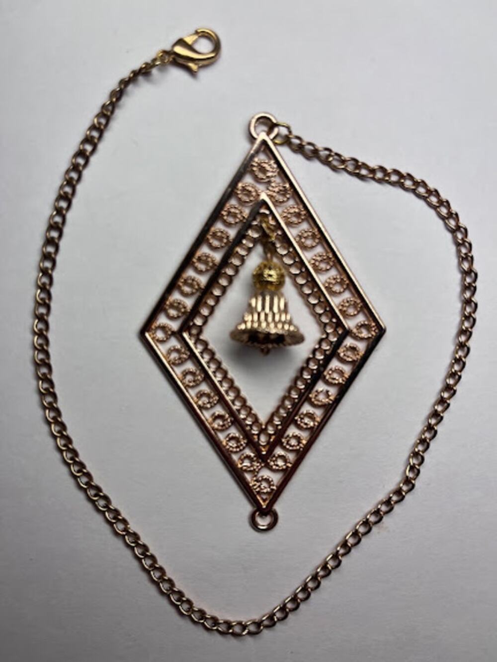 Vintage Gold Plated Fob Filigree with Bell Diamond Shape 11" Chain Lobster Claw